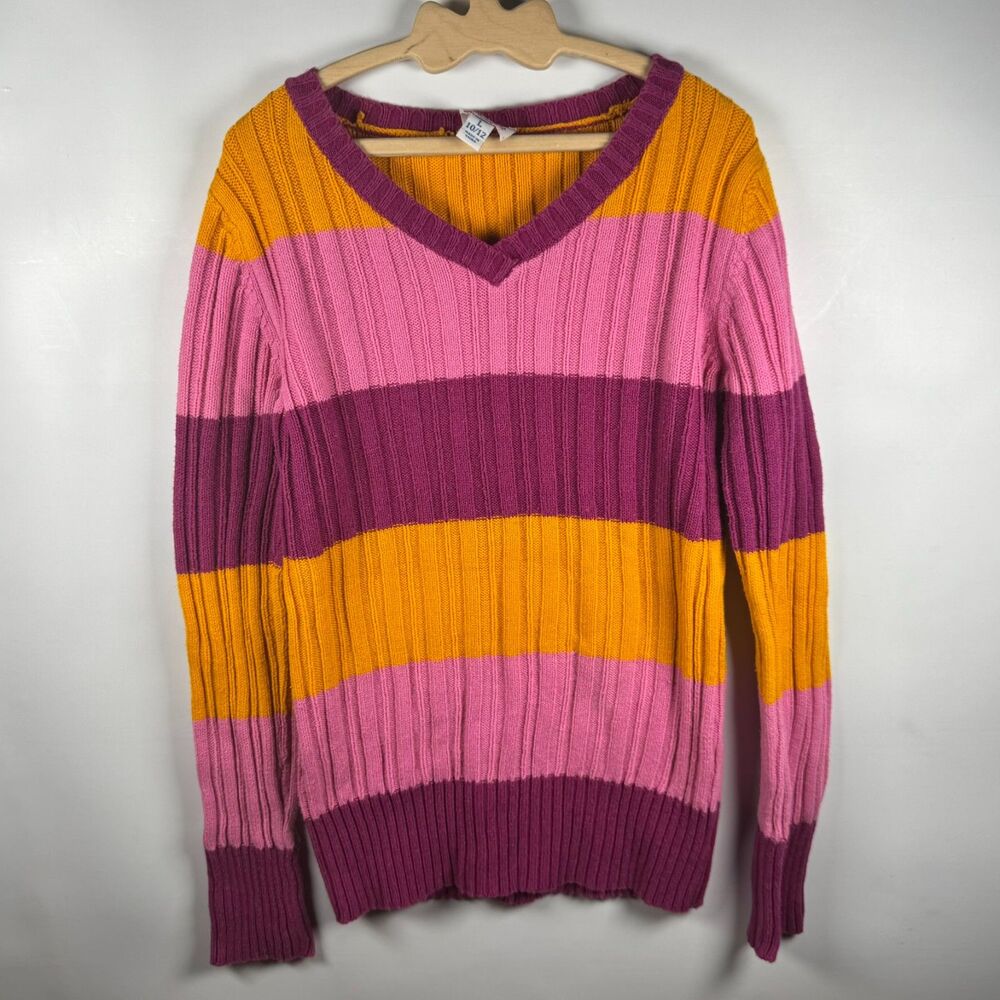 The Childrens Place Girls 10/12 Pink Orange Striped Long Sleeve Sweater Academia
